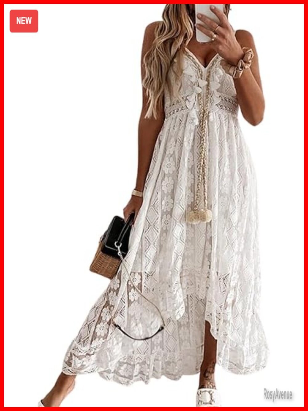 Maxi Summer Dress Lace V Neck Sleeveless Sundress Boho Crochet Tassel Flow